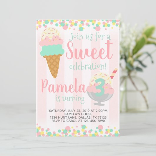 Uitnodiging voor verjaardagsfeest met ijs (Staand voorkant)
