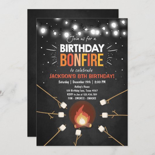 Uitnodiging voor verjaardagsfeest met kampvuur en  (Voorkant / Achterkant)