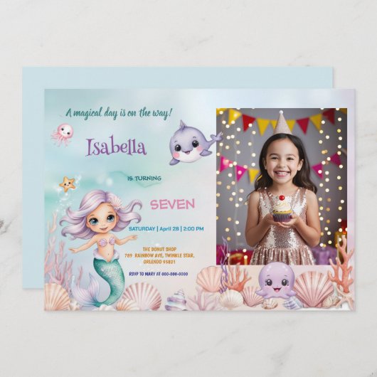 Uitnodiging voor verjaardagsfeest met magische zee (Voorkant / Achterkant)