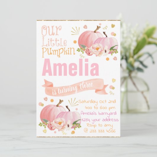 Uitnodiging voor verjaardagsfeest met pompoen Herf (Staand voorkant)