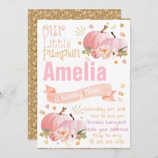 Uitnodiging voor verjaardagsfeest met pompoen Herf (Voorkant / Achterkant)