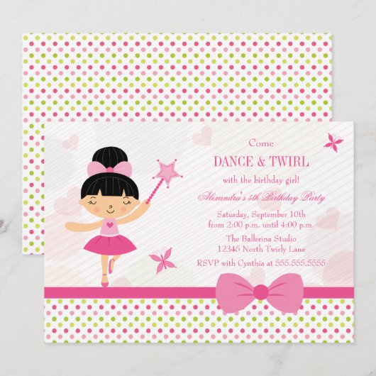 Uitnodiging voor verjaardagsfeest met roze balleri (Voorkant / Achterkant)