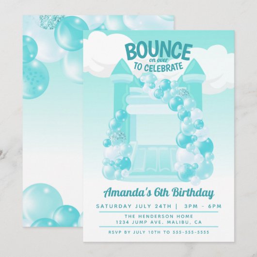 Uitnodiging voor verjaardagsfeest met springkastee (Voorkant / Achterkant)