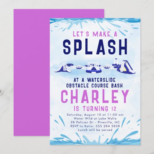 Uitnodiging voor verjaardagsfeest met waterglijbaa (Voorkant / Achterkant)