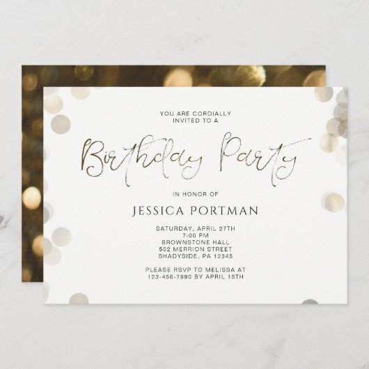 Uitnodiging voor verjaardagsfeest Modern Gold Look (Voorkant / Achterkant)