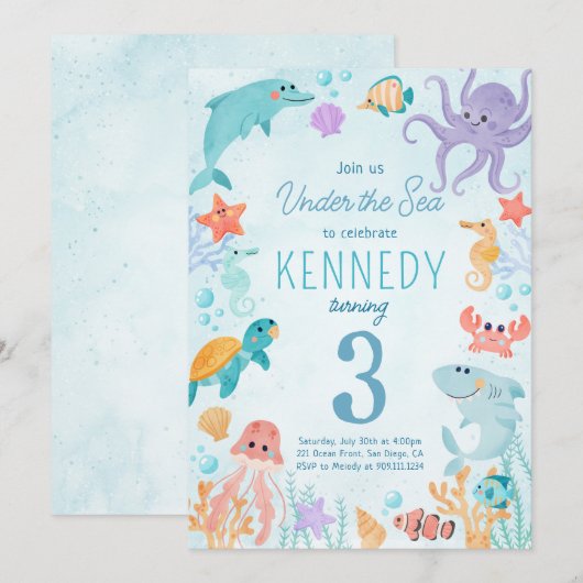 Uitnodiging voor verjaardagsfeest onder de zee Die (Voorkant / Achterkant)