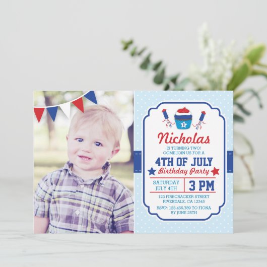 Uitnodiging voor verjaardagsfeest op 4 juli (Staand voorkant)