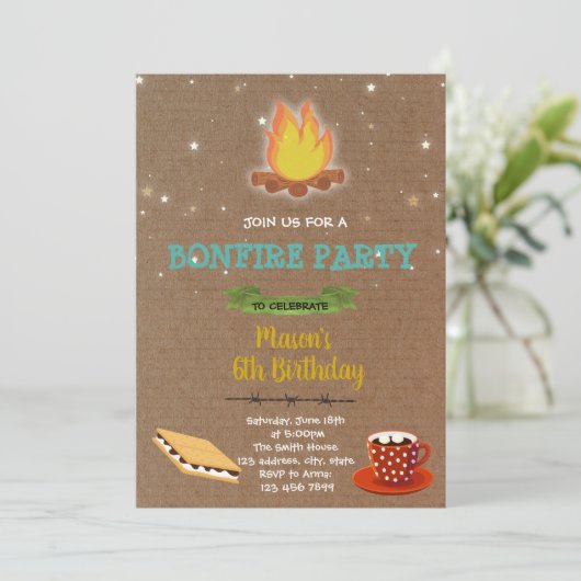 Uitnodiging voor verjaardagsfeest op Bonfire (Staand voorkant)