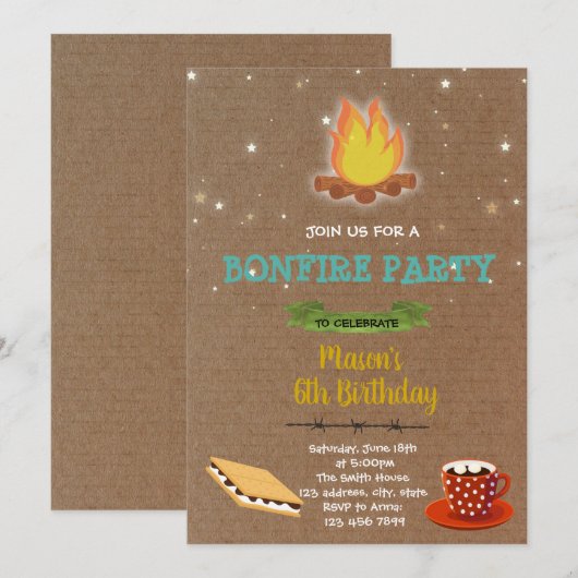 Uitnodiging voor verjaardagsfeest op Bonfire (Voorkant / Achterkant)