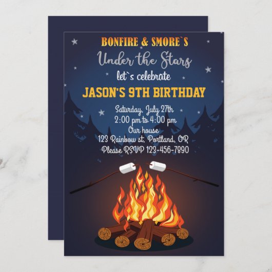 Uitnodiging voor verjaardagsfeest op Bonfire Campi (Voorkant / Achterkant)