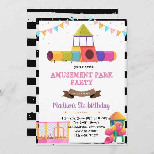 Uitnodiging voor verjaardagsfeest op meisjesspeelp (Voorkant / Achterkant)