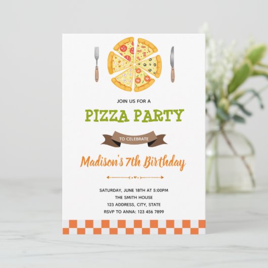 Uitnodiging voor verjaardagsfeest Pizza (Staand voorkant)