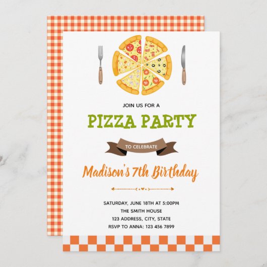 Uitnodiging voor verjaardagsfeest Pizza (Voorkant / Achterkant)