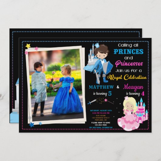 Uitnodiging voor verjaardagsfeest prins en prinses (Voorkant / Achterkant)