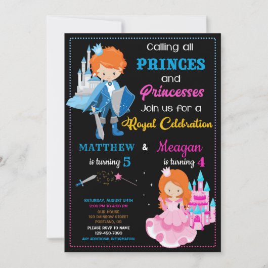 Uitnodiging voor verjaardagsfeest prins en prinses (Voorkant)
