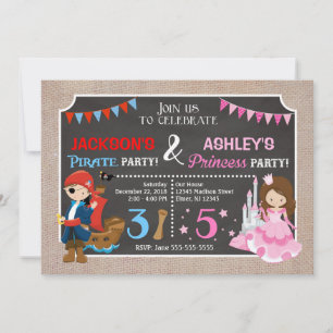 Uitnodiging voor verjaardagsfeest prinses en piraa