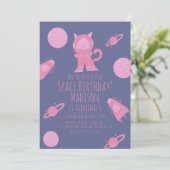Uitnodiging voor verjaardagsfeest Space Cat Roze P (Staand voorkant)