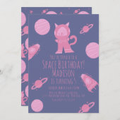 Uitnodiging voor verjaardagsfeest Space Cat Roze P (Voorkant / Achterkant)