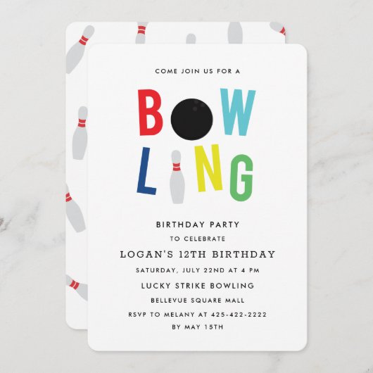 Uitnodiging voor verjaardagsfeest van Bowling Fun  (Voorkant / Achterkant)