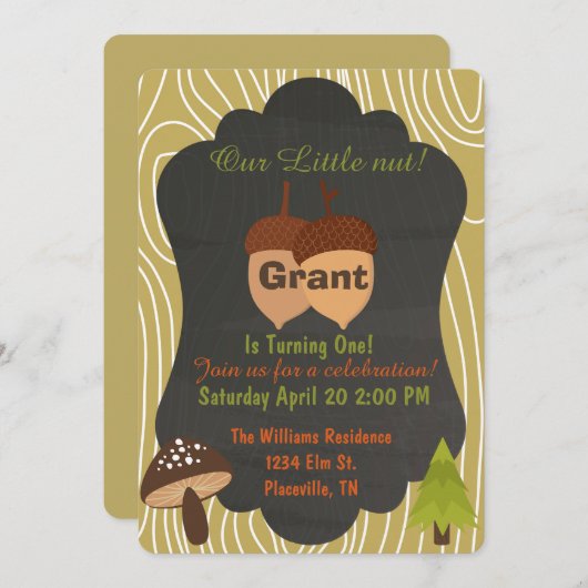 Uitnodiging voor verjaardagsfeest van Cute Nut Woo (Voorkant / Achterkant)