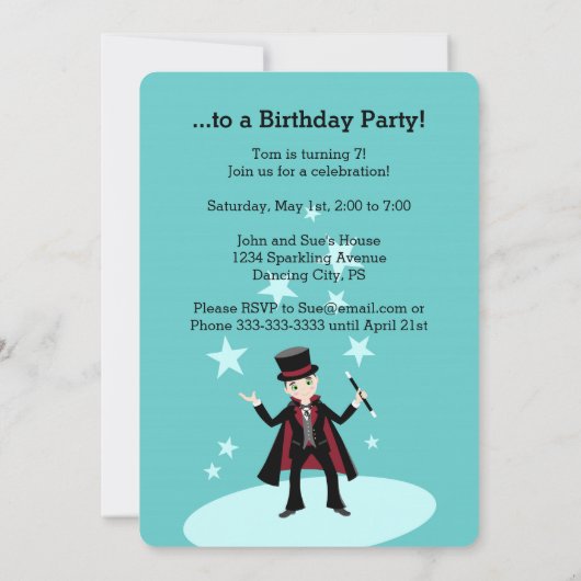 Uitnodiging voor verjaardagsfeest van een magiër (Achterkant)