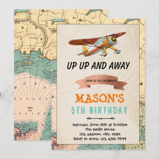 Uitnodiging voor verjaardagsfeest van het vliegtui (Voorkant / Achterkant)