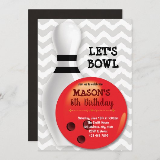 Uitnodiging voor verjaardagsfeest voor Bowling (Voorkant / Achterkant)