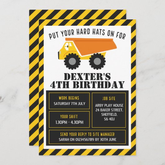 Uitnodiging voor verjaardagsfeest voor de bouw (Voorkant / Achterkant)