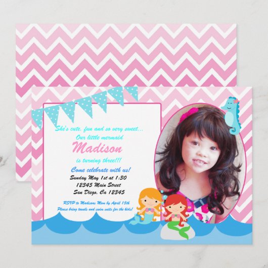 Uitnodiging voor verjaardagsfeest voor kleine Merm (Voorkant / Achterkant)