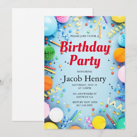 Uitnodiging voor verjaardagsfeestballonnen (Voorkant / Achterkant)