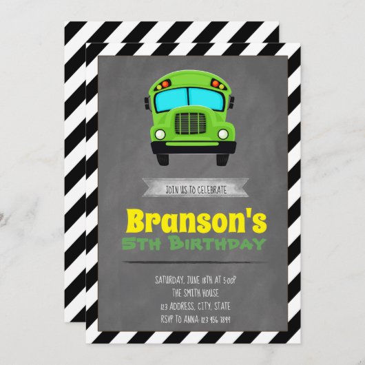 Uitnodiging voor verjaardagsfeestdag in de bus (Voorkant / Achterkant)