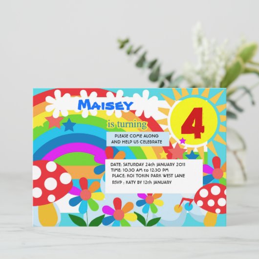 Uitnodiging voor verjaardagsfeestdag in Rainbow (Staand voorkant)