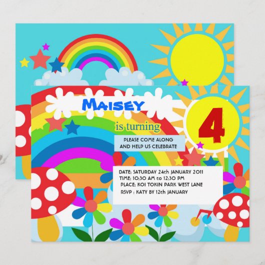Uitnodiging voor verjaardagsfeestdag in Rainbow (Voorkant / Achterkant)