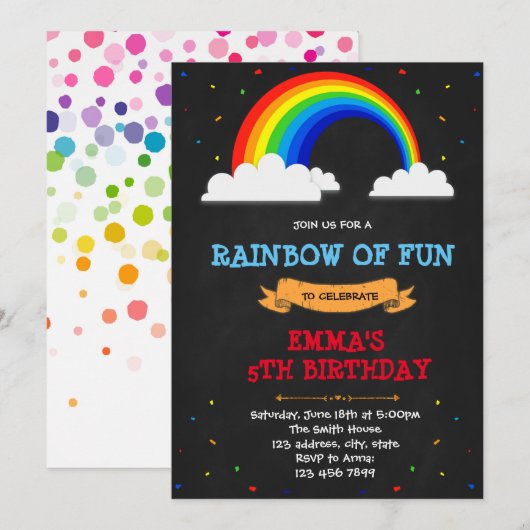 Uitnodiging voor verjaardagsfeestdag in Rainbow (Voorkant / Achterkant)