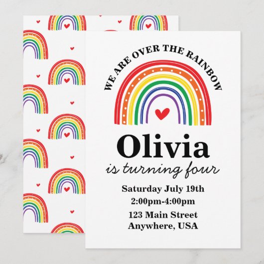 Uitnodiging voor verjaardagsfeestdag in Rainbow (Voorkant / Achterkant)