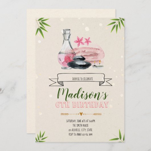 Uitnodiging voor verjaardagsfeestdagen op Spa-dag (Voorkant / Achterkant)