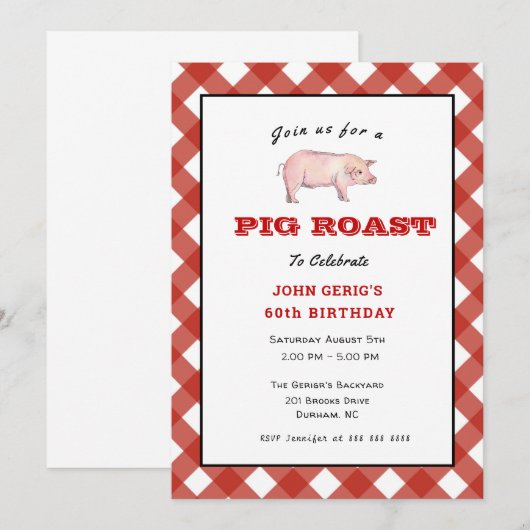 Uitnodiging voor verjaardagsfeestje BBQ Pig Roast (Voorkant / Achterkant)