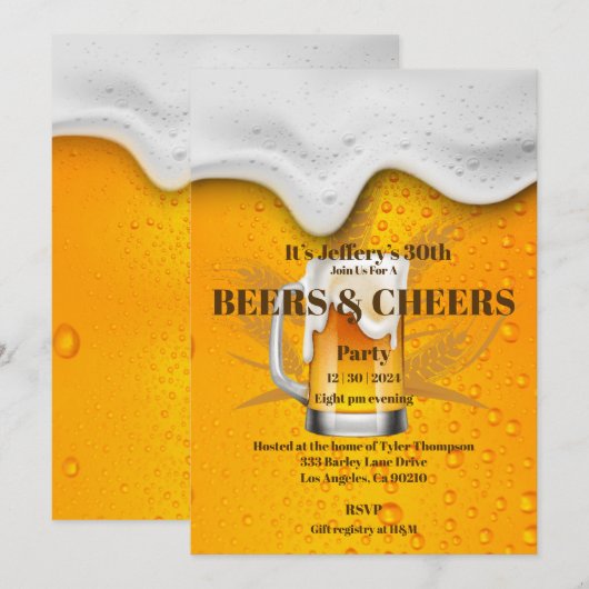 Uitnodiging voor verjaardagsfeestje 'Bier & Cheers (Voorkant / Achterkant)