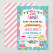 Uitnodiging voor verjaardagsfeestje bij Girl circu (Voorkant / Achterkant)