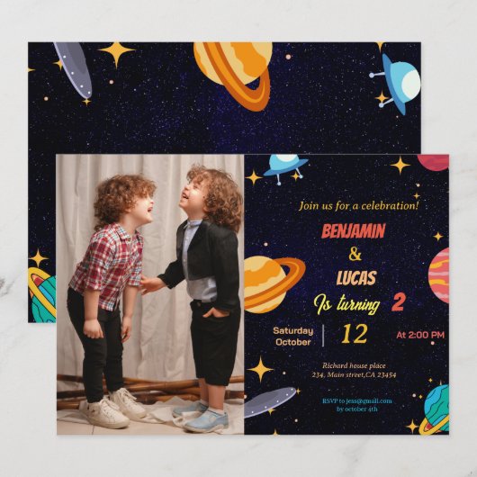 Uitnodiging voor verjaardagsfeestje bij moderne Sp (Voorkant / Achterkant)