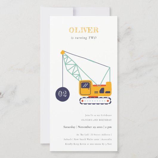 Uitnodiging voor verjaardagsfeestje bouwkraanwagen (Voorkant)