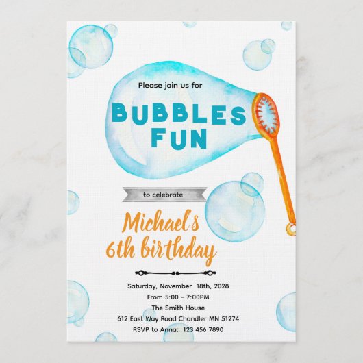 Uitnodiging voor verjaardagsfeestje Bubble boy (Voorkant)