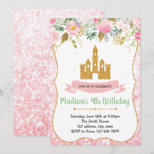 Uitnodiging voor verjaardagsfeestje Castle princes (Voorkant / Achterkant)