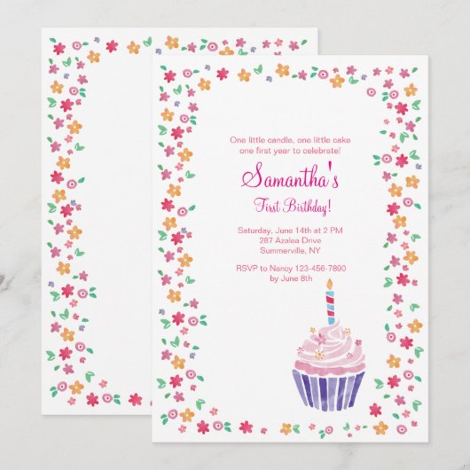 Uitnodiging voor verjaardagsfeestje Cupcake (Voorkant / Achterkant)