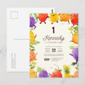 Uitnodiging voor verjaardagsfeestje 'Dansend Fruit (Voorkant / Achterkant)