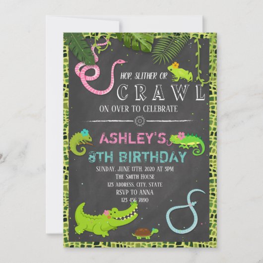 Uitnodiging voor verjaardagsfeestje Girl reptile (Voorkant)