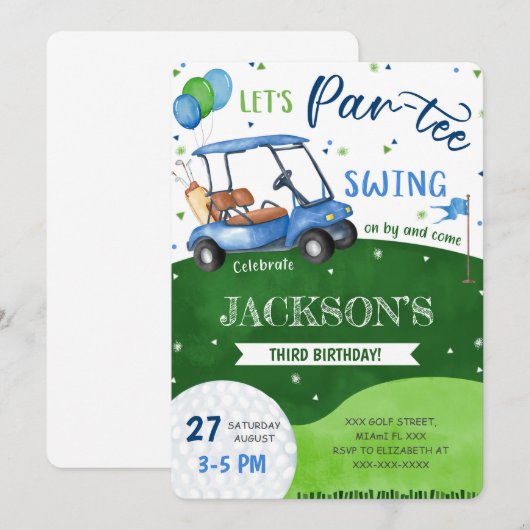 Uitnodiging voor verjaardagsfeestje golf bewerkbaa (Voorkant / Achterkant)