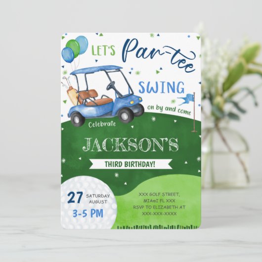 Uitnodiging voor verjaardagsfeestje golf bewerkbaa (Staand voorkant)