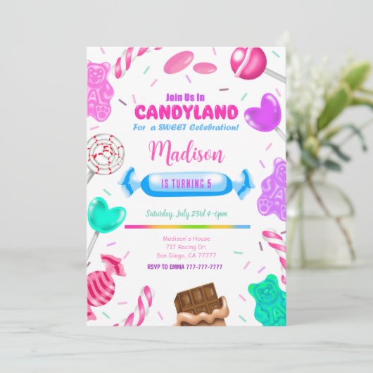 Uitnodiging voor verjaardagsfeestje in Candy land  (Staand voorkant)