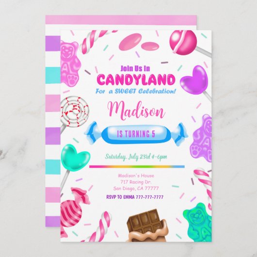 Uitnodiging voor verjaardagsfeestje in Candy land  (Voorkant / Achterkant)